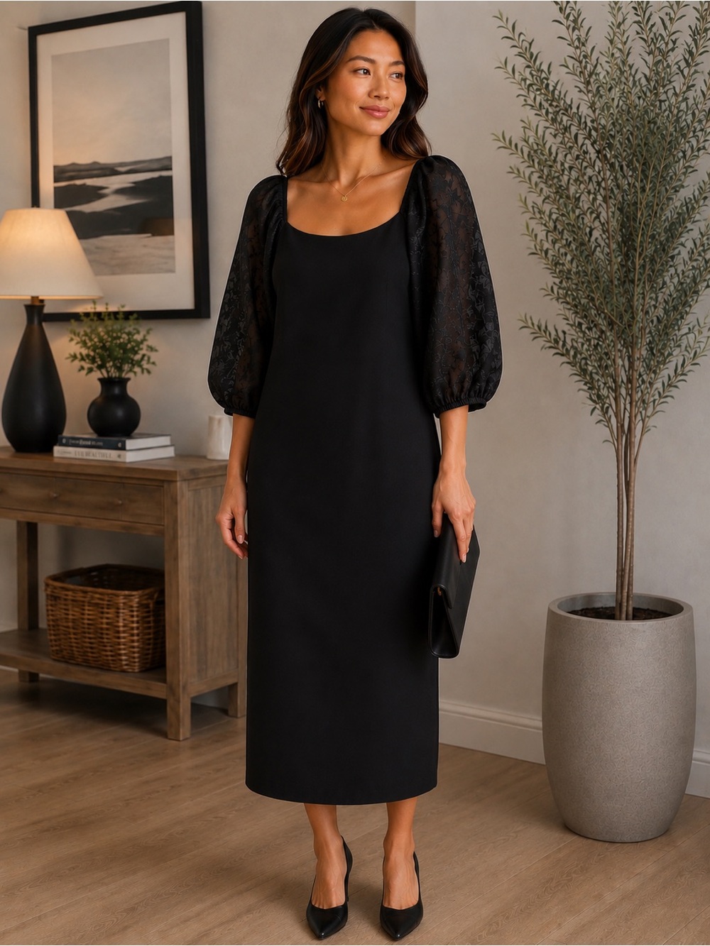 l Le Château Black Floral Puff Sleeve Midi Dress L NWT PTP18 L40